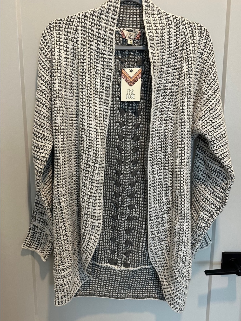 NWT Pink Rose Black and White Open Knit Shawl Cardigan. SIZE S